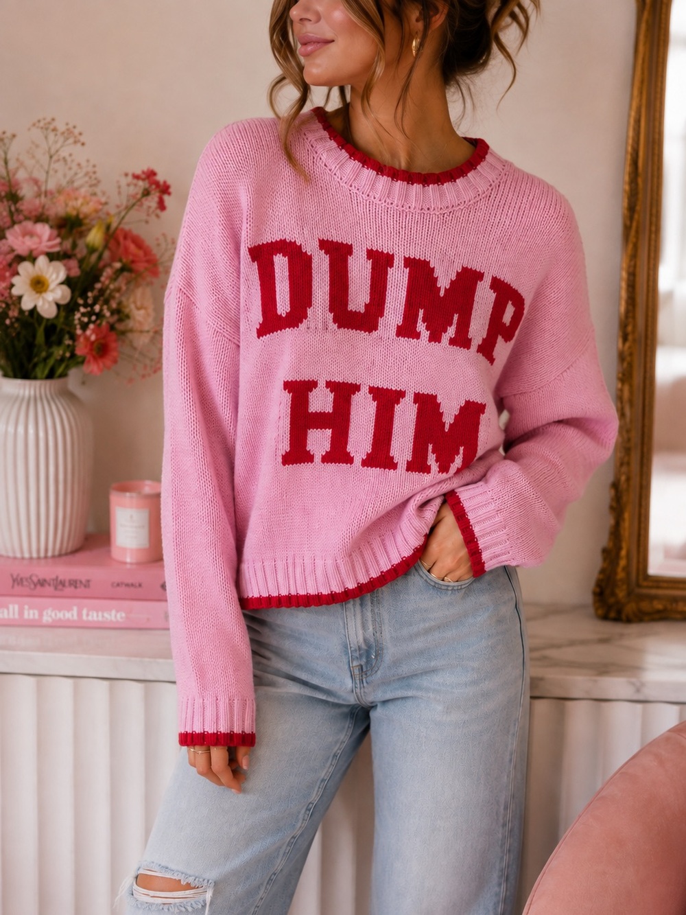 Sincerely Jules Dump Him Sweater Pink Red Graphic Knit Pullover Size Women’s S